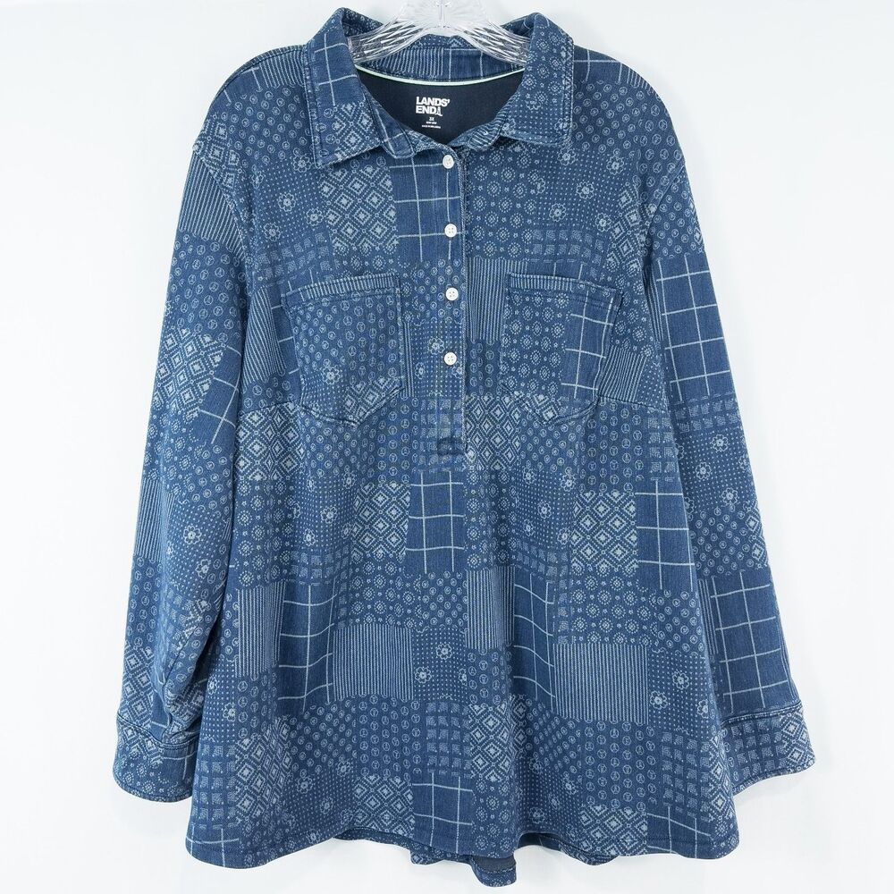 Lands End Indigo Patchwork Popover Heavyweight Sh… - image 1